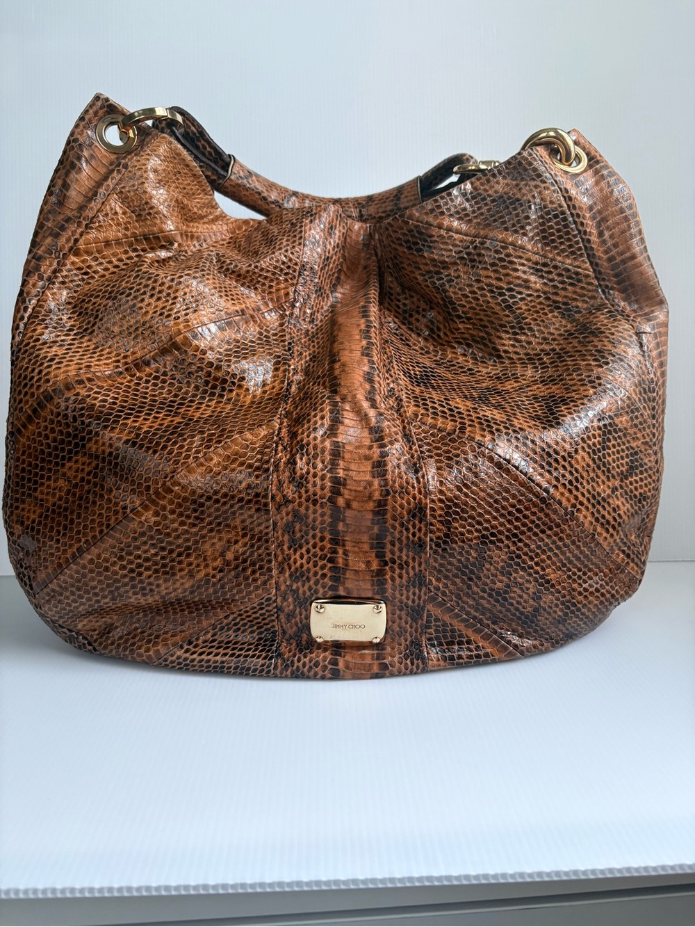 JIMMY CHOO Snakeskin Saba Hobo Bag Purse Brown Gold Hardware EUC
